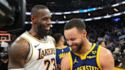 Jan 27, 2024; San Francisco, California, USA; Los Angeles Lakers forward LeBron James (23) and Golden State Warriors guard Stephen Curry (right) talk after the game at Chase Center. Mandatory Credit: Darren Yamashita-Imagn Images