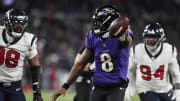 Jan 20, 2024; Baltimore, MD, USA; Baltimore Ravens quarterback Lamar Jackson (8) runs the ball to