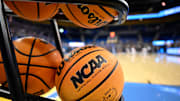 Feb 5, 2025; Los Angeles, California, USA; A rack of basketballs with the NCAA logo before that start of the UCLA Bruins - Ohio State Buckeyes game at Pauley Pavilion presented by Wescom. Mandatory Credit: Robert Hanashiro-Imagn Images