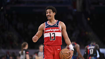 Mar 27, 2024; Washington, District of Columbia, USA; Washington Wizards guard Jordan Poole (13) reacts as a foul is called  during overtime against the Brooklyn Nets  at Capital One Arena. Mandatory Credit: Tommy Gilligan-Imagn Images