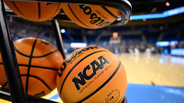 Feb 5, 2025; Los Angeles, California, USA; A rack of basketballs with the NCAA logo before that start of the UCLA Bruins - Ohio State Buckeyes game at Pauley Pavilion presented by Wescom. Mandatory Credit: Robert Hanashiro-Imagn Images