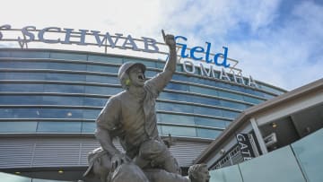 Jun 14, 2024; Omaha, NE, USA;  The Road to Omaha statue outside the stadium before the College World Series at Charles Schwab Filed Omaha. Mandatory Credit: Steven Branscombe-USA TODAY Sports