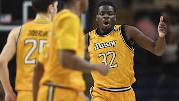 Mar 6, 2023; Washington, D.C., USA;  Towson Tigers forward Charles Thompson (32) reacts after a play. 