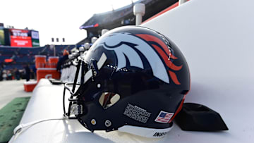 Dec 18, 2022; Denver, Colorado, USA; Detailed view of the helmet of Denver Broncos place kicker
