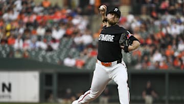 Aug 16, 2024; Baltimore, Maryland, USA;  Baltimore Orioles starting pitcher Corbin Burnes (39) throws a first inning pitch against the Boston Red Sox at Oriole Park at Camden Yards. Mandatory Credit: Tommy Gilligan-Imagn Images