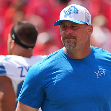 Aug 17, 2024; Kansas City, Missouri, USA; Detroit Lions head coach Dan Campbell walks on the field against the Kansas City Chiefs prior to a game at GEHA Field at Arrowhead Stadium. Mandatory Credit: Denny Medley-Imagn Images