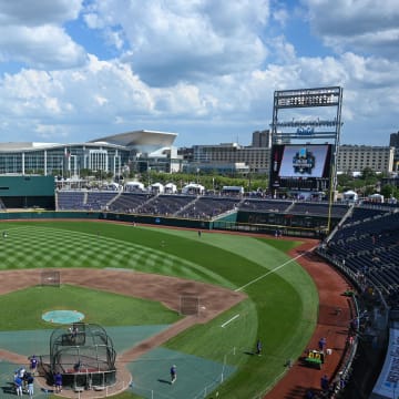 General view of the stadium before the game between the Florida Gators and the LSU Tigers at Charles Schwab Field in Omaha.