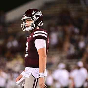 Sep 14, 2024; Starkville, Mississippi, USA; Mississippi State Bulldogs quarterback Blake Shapen (2) reacts after a play against the Toledo Rockets during the fourth quarter at Davis Wade Stadium at Scott Field. Mandatory Credit: Matt Bush-Imagn Images