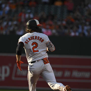 Baltimore Orioles shortstop Gunnar Henderson (2) runs out a first inning double against the Cleveland Guardians at Oriole Park at Camden Yards on June 24.
