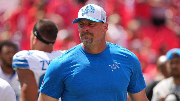 Aug 17, 2024; Kansas City, Missouri, USA; Detroit Lions head coach Dan Campbell walks on the field against the Kansas City Ch