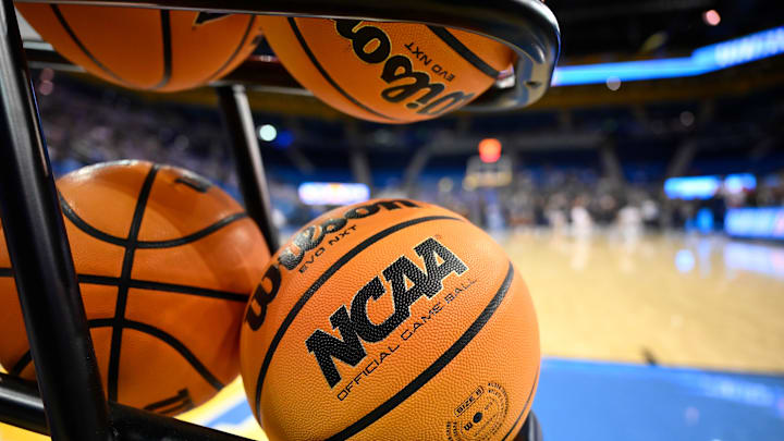 Feb 5, 2025; Los Angeles, California, USA; A rack of basketballs with the NCAA logo before that start of the UCLA Bruins - Ohio State Buckeyes game at Pauley Pavilion presented by Wescom. Mandatory Credit: Robert Hanashiro-Imagn Images
