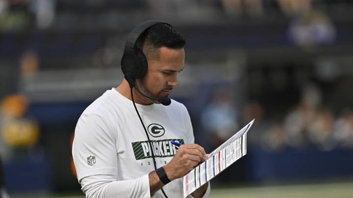 Oct 6, 2024; Inglewood, California, USA; Green Bay Packers head coach Matt LaFleur on the sidelines during the second quarter against the Los Angeles Rams at SoFi Stadium. Mandatory Credit: Robert Hanashiro-Imagn Images
