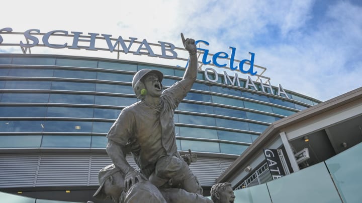 Jun 14, 2024; Omaha, NE, USA;  The Road to Omaha statue outside the stadium before the College World Series at Charles Schwab Filed Omaha. Mandatory Credit: Steven Branscombe-USA TODAY Sports