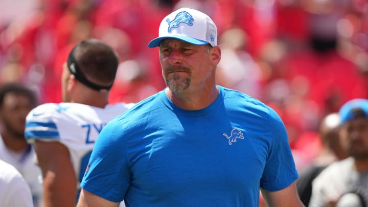 Aug 17, 2024; Kansas City, Missouri, USA; Detroit Lions head coach Dan Campbell walks on the field against the Kansas City Chiefs prior to a game at GEHA Field at Arrowhead Stadium. Mandatory Credit: Denny Medley-USA TODAY Sports