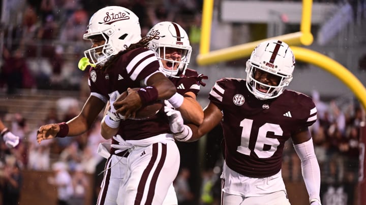 Mississippi State Bulldogs wide receiver Mario Craver (7)  reacts after recovering a blocked punt in the endzone for a touchdown against Eastern Kentucky Colonels during the fourth quarter at Davis Wade Stadium at Scott Field.