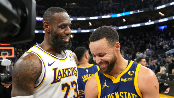 Jan 27, 2024; San Francisco, California, USA; Los Angeles Lakers forward LeBron James (23) and Golden State Warriors guard Stephen Curry (right) talk after the game at Chase Center. Mandatory Credit: Darren Yamashita-USA TODAY Sports