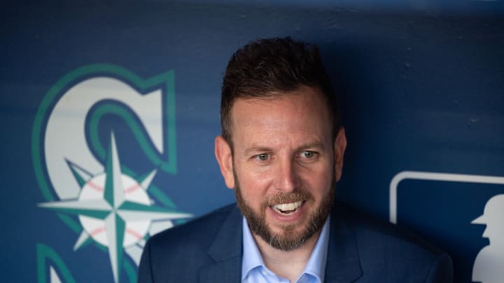 Justin Hollander, the new Seattle Mariners General Manager is interviewed prior to the game against the Oakland Athletics at T-Mobile Park in 2022.