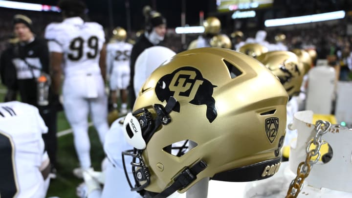 Nov 17, 2023; Pullman, Washington, USA; Colorado Buffaloes helmet sits during a game against the Washington State Cougars in the first half at Gesa Field at Martin Stadium. Mandatory Credit: James Snook-USA TODAY Sports