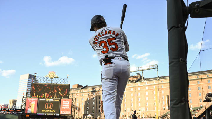 Jun 24, 2024; Baltimore, Maryland, USA;  Baltimore Orioles catcher Adley Rutschman (35) warms up prior to a third inning at-bat against the Cleveland Guardians at Oriole Park at Camden Yards. Mandatory Credit: Tommy Gilligan-USA TODAY Sports
