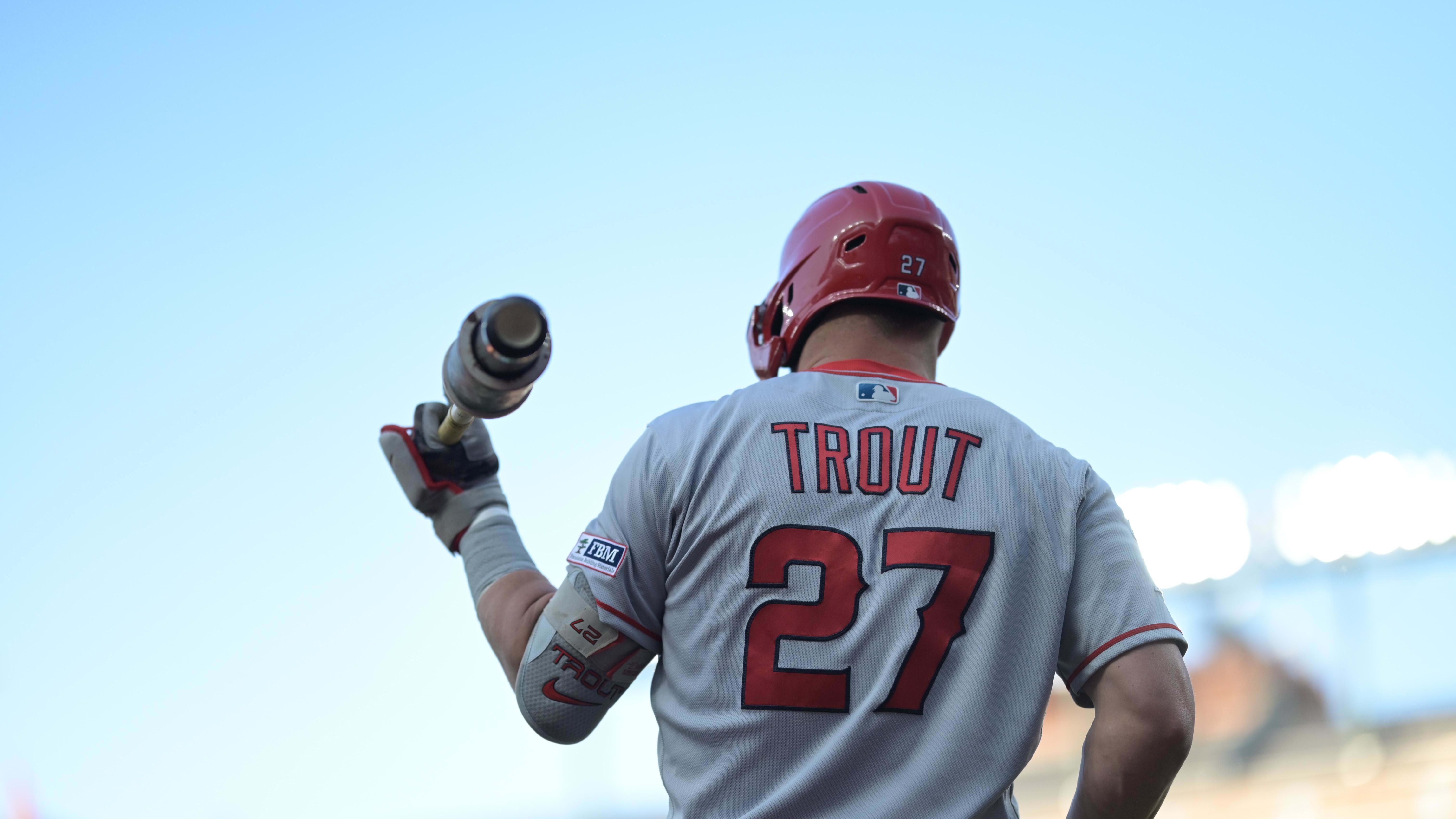 May 15, 2023; Baltimore, MD, USA;  LA Angels outfielder Mike Trout (27) warms up before playing the Baltimore Orioles.