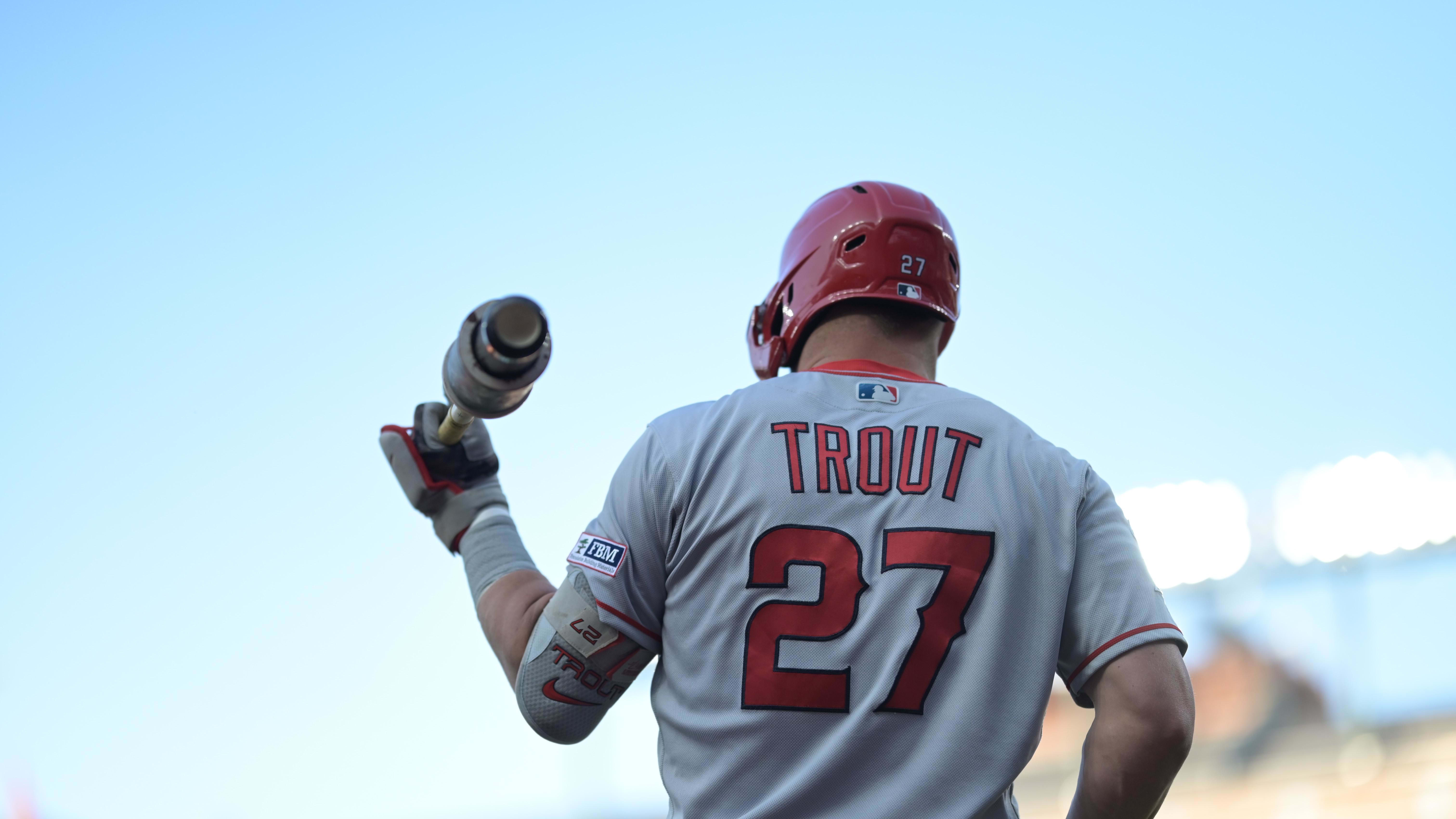 May 15, 2023; Baltimore, Maryland, USA;  Los Angeles Angels center fielder Mike Trout (27) warms up before playing the Baltimore Orioles.