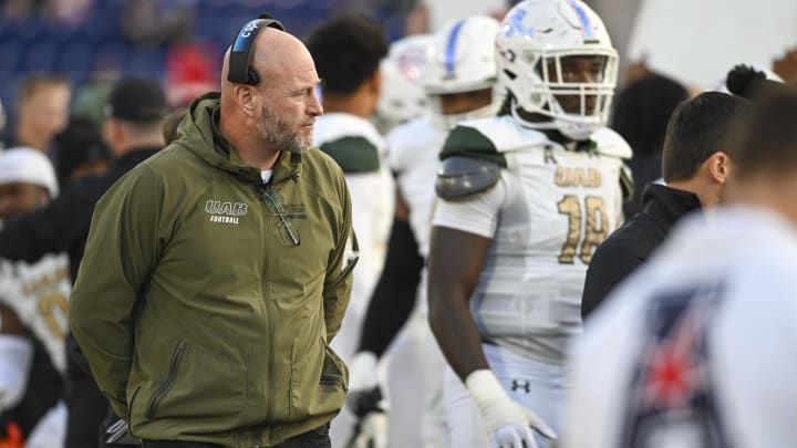 Nov 11, 2023; Annapolis, Maryland, USA;  UAB Blazers head coach Trent Dilfer looks onto the field during the first quarter against the Navy Midshipmen at Navy-Marine Corps Memorial Stadium. Mandatory Credit: Tommy Gilligan-USA TODAY Sports