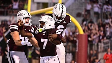 Aug 31, 2024; Starkville, Mississippi, USA; Mississippi State Bulldogs wide receiver Mario Craver (7)  reacts after recovering a blocked punt in the endzone for a touchdown against Eastern Kentucky Colonels during the fourth quarter at Davis Wade Stadium at Scott Field. Mandatory Credit: Matt Bush-USA TODAY Sports