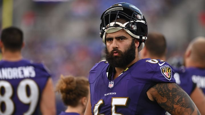 Aug 27, 2022; Baltimore, Maryland, USA;  Baltimore Ravens guard Patrick Mekari (65) during the first quarter against the Washington Commanders at M&T Bank Stadium. Mandatory Credit: Tommy Gilligan-USA TODAY Sports