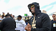 Sep 30, 2023; Boulder, Colorado, USA; Colorado Buffaloes head coach Deion Sanders during an interview prior to the game against the USC Trojans at Folsom Field. Mandatory Credit: John Leyba-Imagn Images