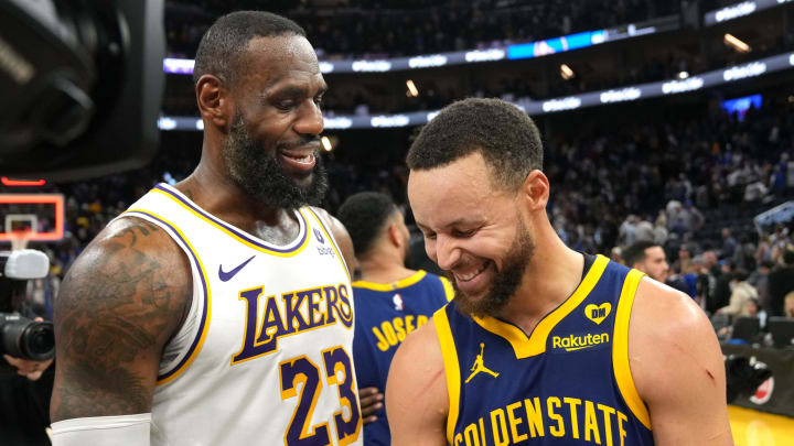 Jan 27, 2024; San Francisco, California, USA; Los Angeles Lakers forward LeBron James (23) and Golden State Warriors guard Stephen Curry (right) talk after the game at Chase Center. Mandatory Credit: Darren Yamashita-USA TODAY Sports