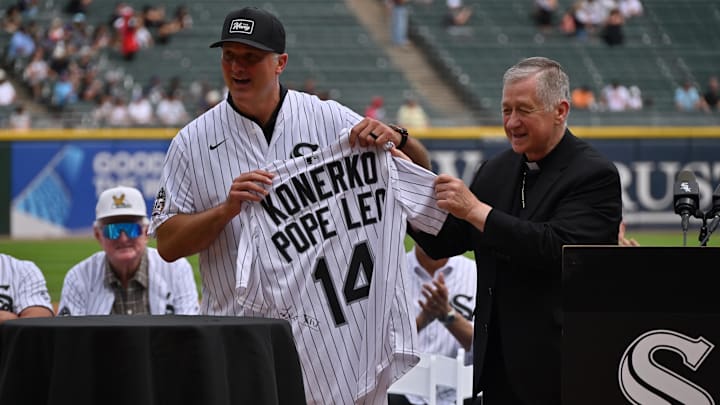 Cardinal Blase Cupich, Archbishop of Chicago gives the Chicago White Sox a jersey signed by Pope Leo XIV prior to a MLB game Cardinal Blase Cupich, Archbishop of Chicago gives the Chicago White Sox a jersey signed by Pope Leo XIV prior to a MLB game