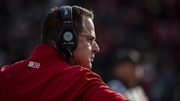 Nov 1, 2025; College Park, Maryland, USA;  Indiana Hoosiers head coach Curt Cignetti looks onto the field during the first quarter against the Maryland Terrapins at SECU Stadium. Mandatory Credit: Tommy Gilligan-Imagn Images