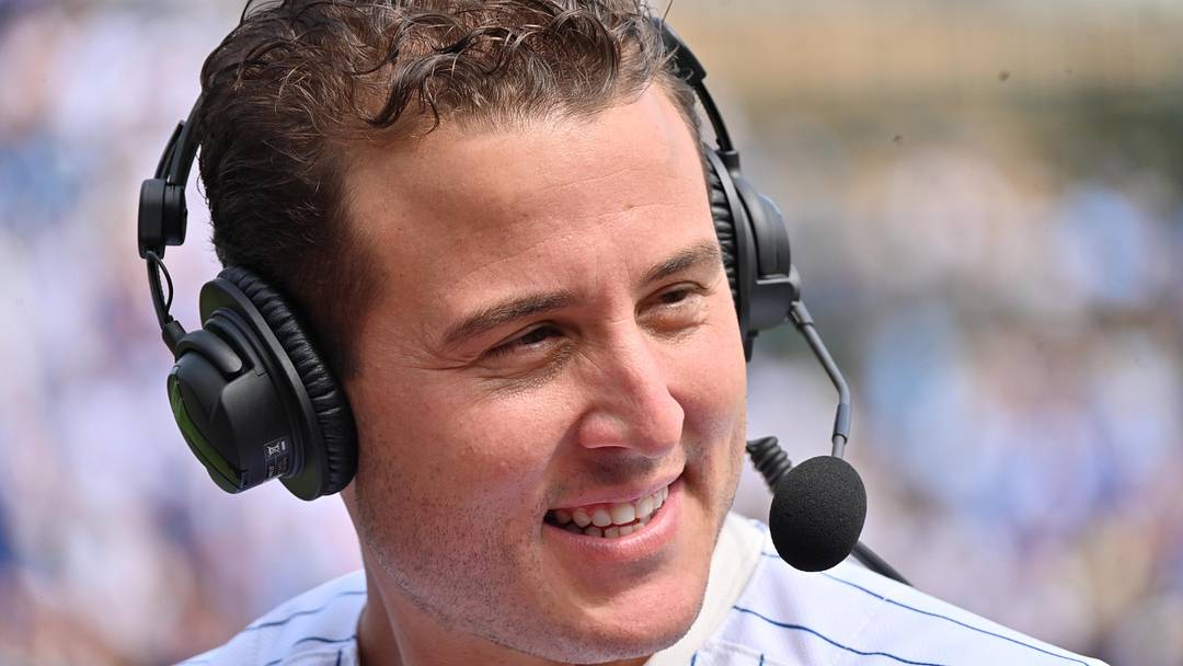 Sep 13, 2025; Chicago, Illinois, USA; Former Chicago Cubs player and team ambassador Anthony Rizzo is interviewed prior to a game against the Tampa Bay Rays at Wrigley Field. Mandatory Credit: Patrick Gorski-Imagn Images