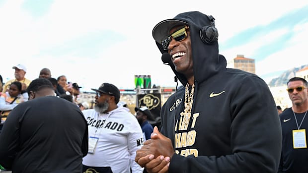 Boulder, Colorado, USA; Colorado Buffaloes head coach Deion Sanders during an interview prior to the game against the USC Tro