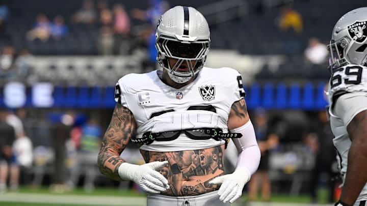 Oct 20, 2024; Inglewood, California, USA; Las Vegas Raiders defensive end Maxx Crosby (98) during pregame warmups before an NFL game against the Los Angeles Rams at SoFi Stadium. Mandatory Credit: Robert Hanashiro-Imagn Images