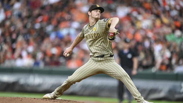 Jul 26, 2024; Baltimore, Maryland, USA;  San Diego Padres pitcher Adam Mazur (36) throws a second  inning pitch against the Baltimore Orioles at Oriole Park at Camden Yards. Mandatory Credit: Tommy Gilligan-USA TODAY Sports