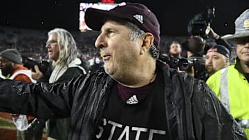 Nov 24, 2022; Oxford, Mississippi, USA; Mississippi State Bulldogs head coach Mike Leach walks onto the field  after the game against the Ole Miss Rebels at Vaught-Hemingway Stadium. Mandatory Credit: Matt Bush-Imagn Images