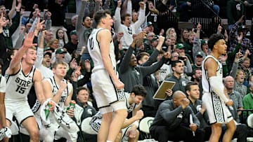 Dec 30, 2024; East Lansing, Michigan, USA;  The Michigan State Spartans bench reacts after a basket late in their game against the Western Michigan Broncos at Jack Breslin Student Events Center. Mandatory Credit: Dale Young-Imagn Images