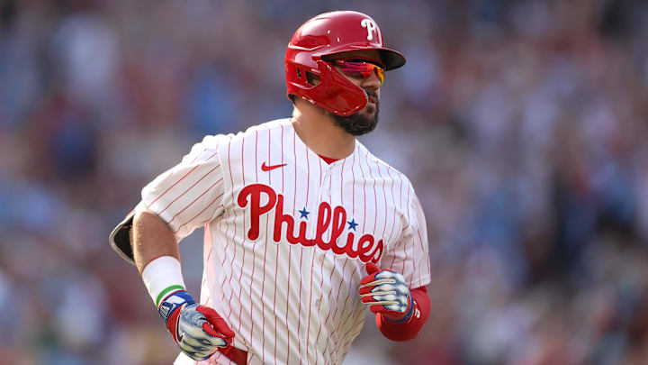 Mar 26, 2026; Philadelphia, Pennsylvania, USA; Philadelphia Phillies left fielder Kyle Schwarber (12) runs the bases after hitting a two RBI home run during the first inning against the Texas Rangers at Citizens Bank Park. Mandatory Credit: Bill Streicher-Imagn Images