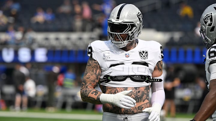 Oct 20, 2024; Inglewood, California, USA; Las Vegas Raiders defensive end Maxx Crosby (98) during pregame warmups before an NFL game against the Los Angeles Rams at SoFi Stadium. Mandatory Credit: Robert Hanashiro-Imagn Images Oct 20, 2024; Inglewood, California, USA; Las Vegas Raiders defensive end Maxx Crosby (98) during pregame warmups before an NFL game against the Los Angeles Rams at SoFi Stadium. Mandatory Credit: Robert Hanashiro-Imagn Images