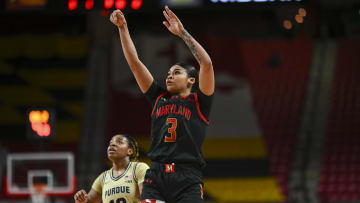 Jan 14, 2024; College Park, Maryland, USA;  Maryland Terrapins guard Lavender Briggs (3) shoots a jump shot against Purdue.