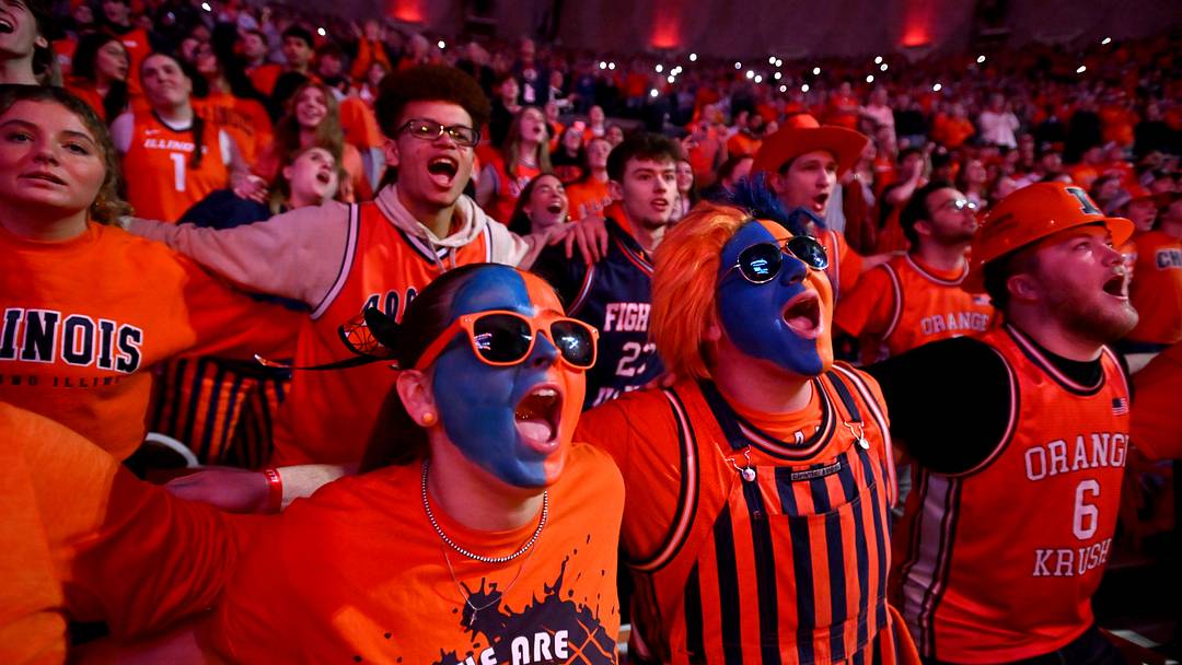 Mar 3, 2026; Champaign, Illinois, USA; Members of the Orange Krush cheer during the first half against the Oregon Ducks at State Farm Center. Mandatory Credit: Ron Johnson-Imagn Images Mar 3, 2026; Champaign, Illinois, USA; Members of the Orange Krush cheer during the first half against the Oregon Ducks at State Farm Center. Mandatory Credit: Ron Johnson-Imagn Images