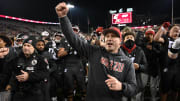 Nov 17, 2023; Pullman, Washington, USA; Washington State Cougars head coach Jake Dickert leads the school fight song after a game against the Colorado Buffaloes at Gesa Field at Martin Stadium. Washington State won 56-14. Mandatory Credit: James Snook-USA TODAY Sports
