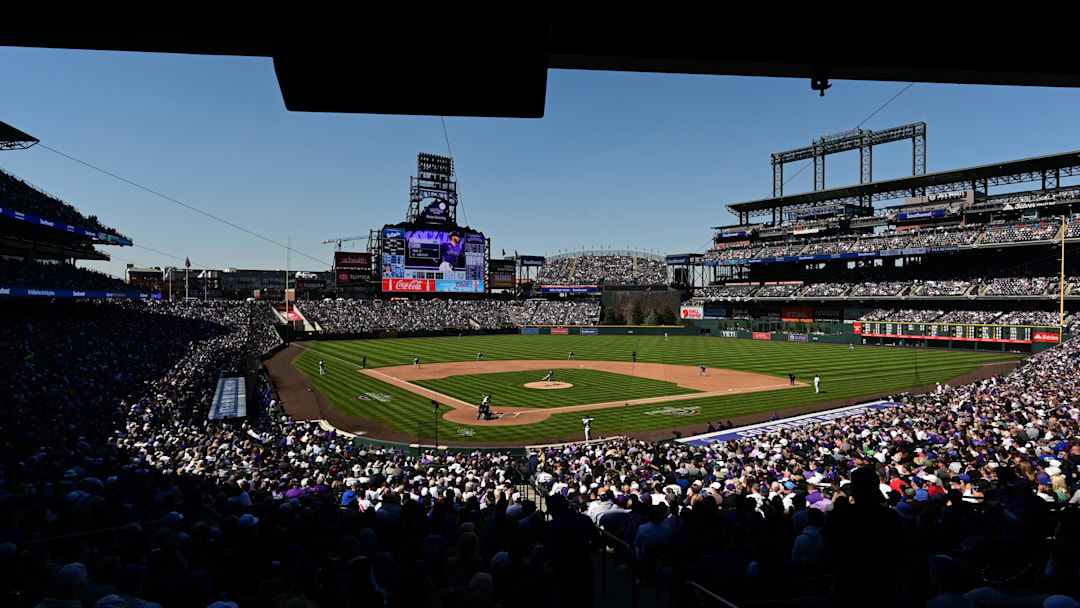 Apr 8, 2022; Denver, Colorado, USA; General wide view during the game between the Los Angeles Dodgers against the Colorado Rockies at Coors Field.