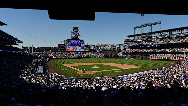 Apr 8, 2022; Denver, Colorado, USA; General wide view during the game between the Los Angeles Dodgers against the Colorado Rockies at Coors Field.