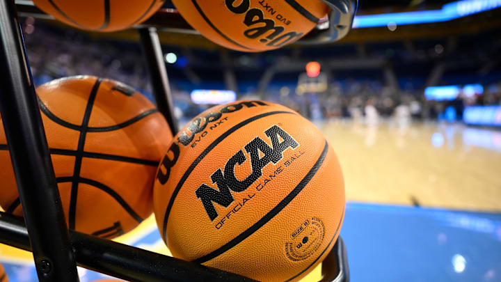 Feb 5, 2025; Los Angeles, California, USA; A rack of basketballs with the NCAA logo before that start of the UCLA Bruins - Ohio State Buckeyes game at Pauley Pavilion presented by Wescom. Mandatory Credit: Robert Hanashiro-Imagn Images