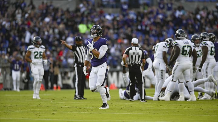 Baltimore Ravens linebacker Kyle Van Noy (50) reacts after sacking Seattle Seahawks quarterback Geno Smith (7) during the first half at M&T Bank Stadium. 