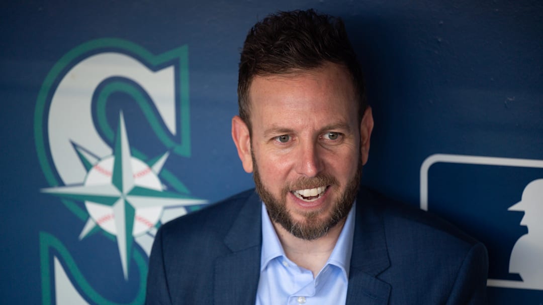 Oct 2, 2022; Seattle, Washington, USA; Justin Hollander, the new Seattle Mariners General Manager is interviewed prior to the game against the Oakland Athletics at T-Mobile Park. Mandatory Credit: Steven Bisig-Imagn Images