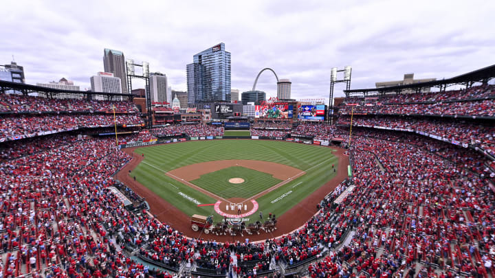 Apr 4, 2024; St. Louis, Missouri, USA;  A general view as the Budweiser Clydesdales trot around the warning track before the St. Louis Cardinals home opener against the Miami Marlins at Busch Stadium. Mandatory Credit: Jeff Curry-USA TODAY Sports