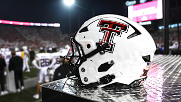 Sep 7, 2024; Pullman, Washington, USA; Texas Tech Red Raiders helmet sits during a football game against the Washington State Cougars in the second half at Gesa Field at Martin Stadium. Washington State Cougars won 37-16. Mandatory Credit: James Snook-Imagn Images